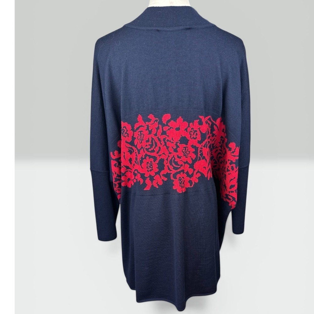 St. John NWT SZXL‎ Zip Front Cardigan Navy Blue Floral Intarsia Mock Neck Wool - Picture 4 of 15